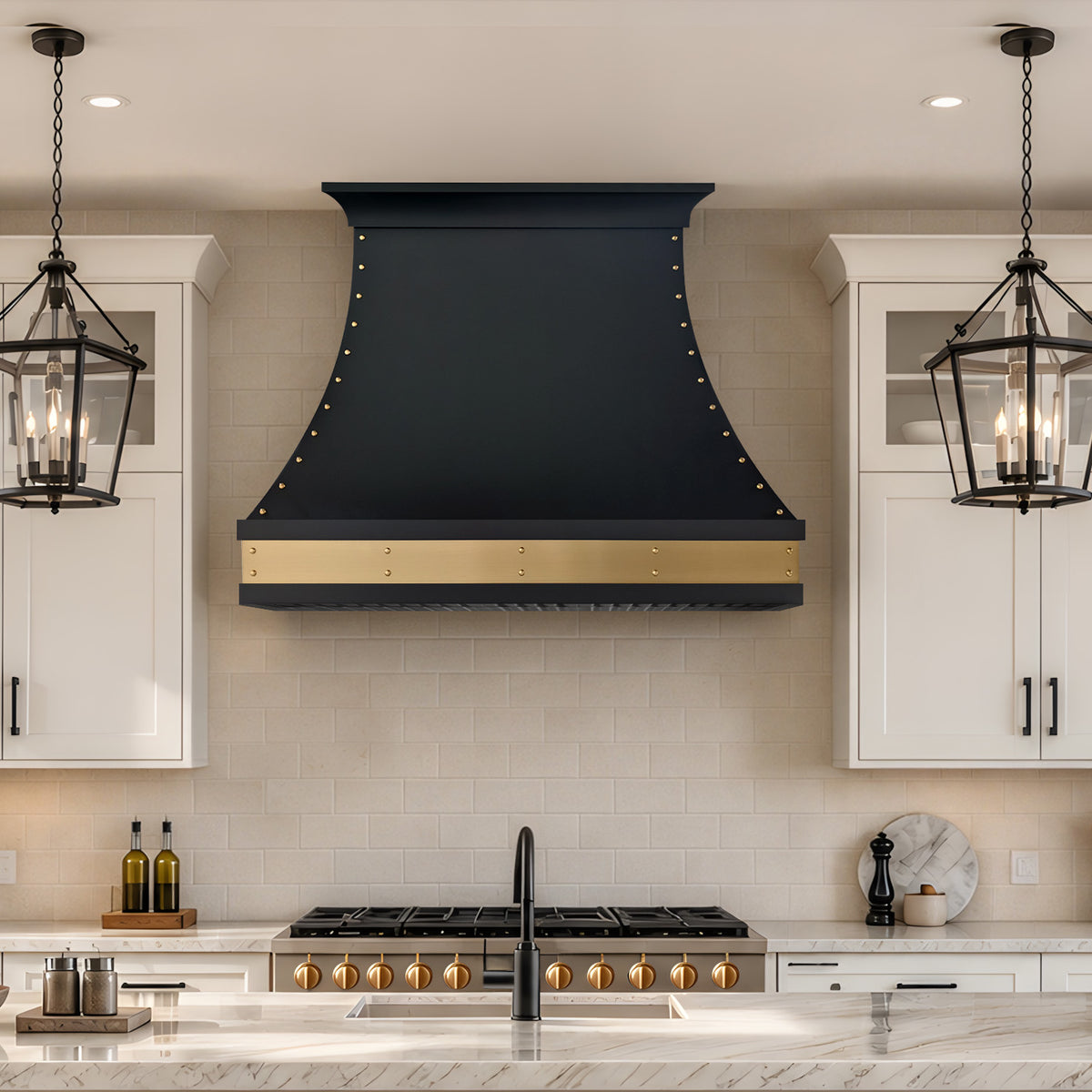 USA Black Custom Stainless Steel Vent Hood with Artisan Brass Apron URHS-268