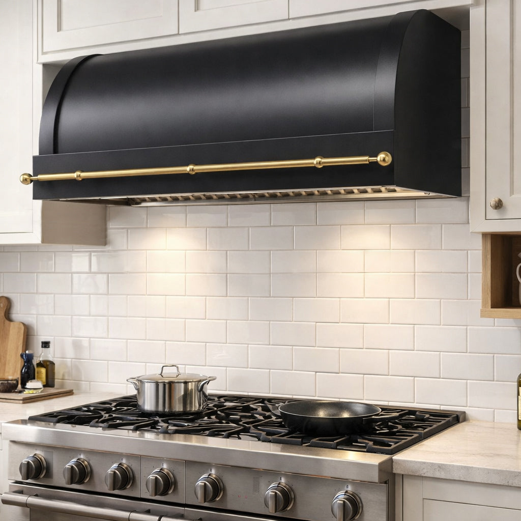 USA Black Exhaust Hood Featuring Artisan Brass Pot Rack URHS-157