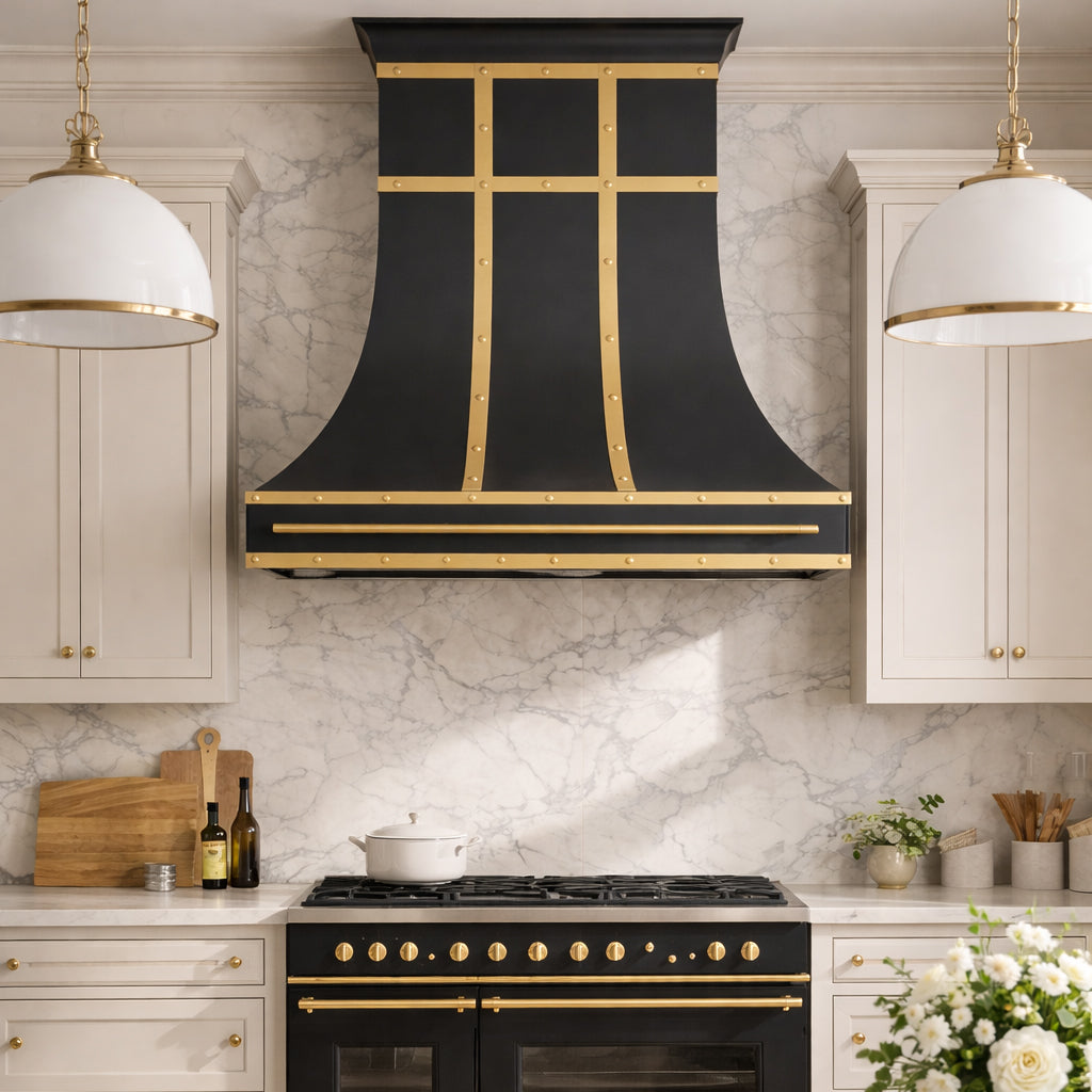 USA Black Handmade Stainless Steel Stove Hood with Pot Rack URHS-137