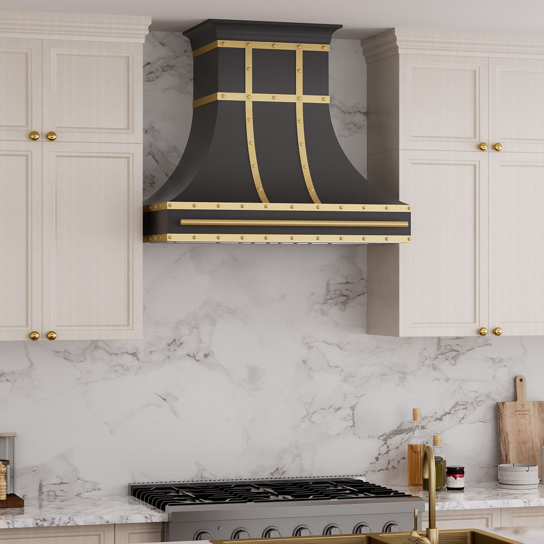 USA Black Handmade Stainless Steel Stove Hood with Pot Rack URHS-137