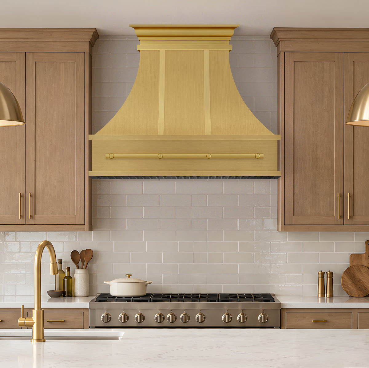 USA Brass Kitchen Hood with Handmade Brass Pot Rack URHB-165