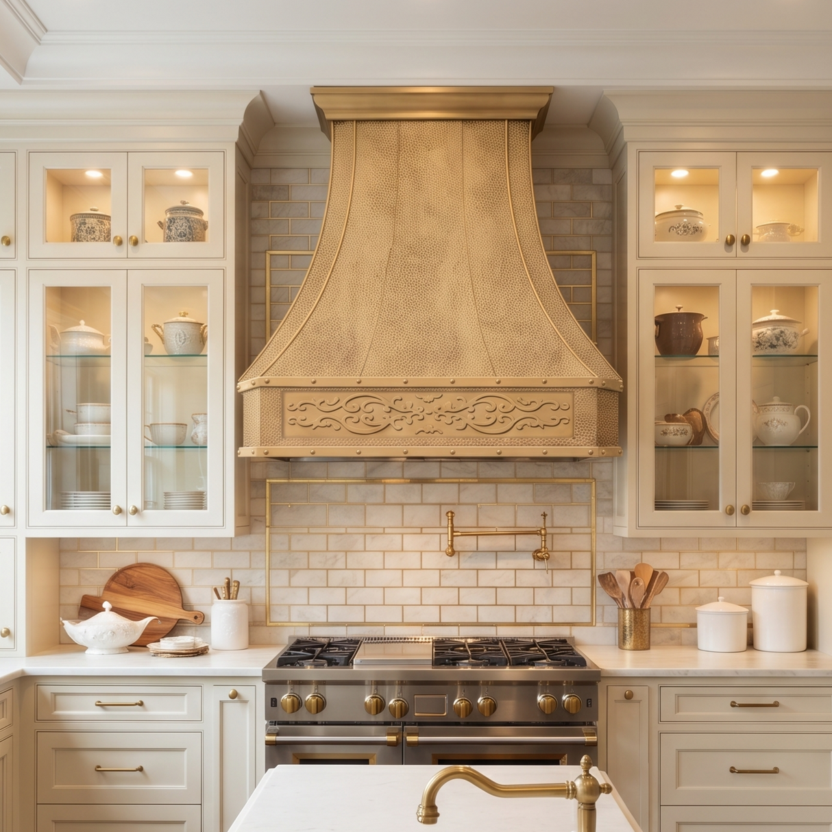 USA Brushed Brass Exhaust Hood Featuring Artisan Custom Apron URHB-133