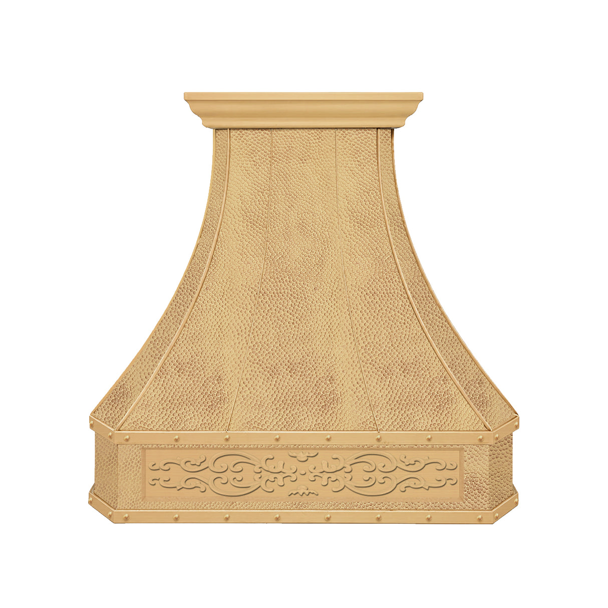 USA Brushed Brass Exhaust Hood Featuring Artisan Custom Apron URHB-133