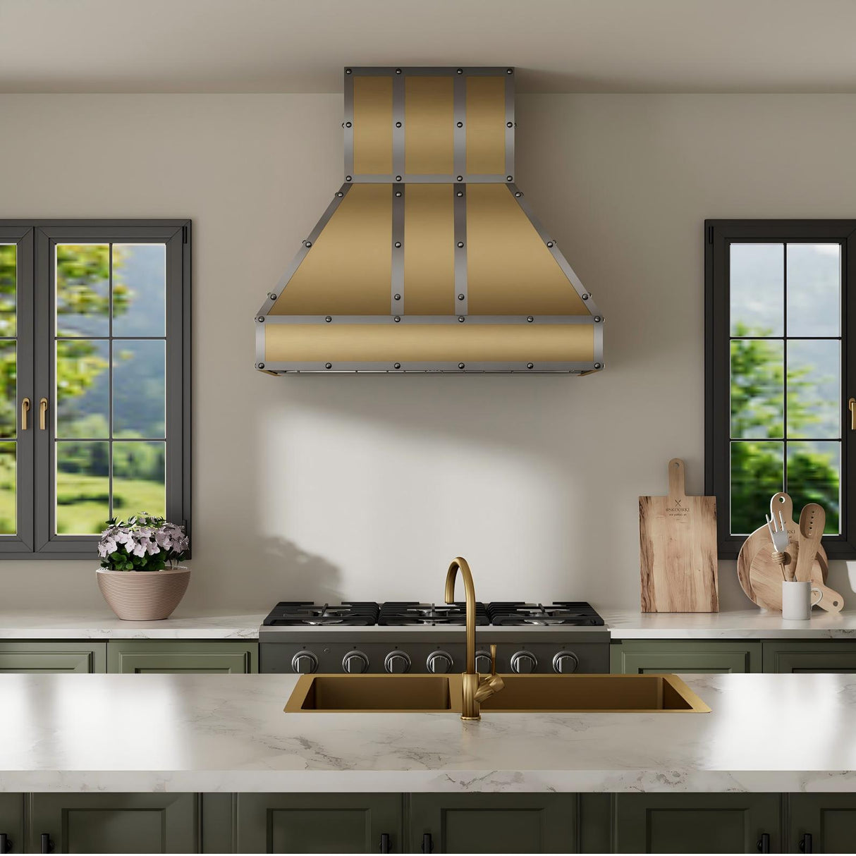 USA Classic Brass Modern Vent Hood with Dark Straps URHB-12