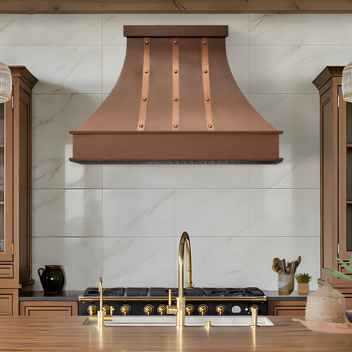 USA Classic Copper Kitchen Hood with Weathered Copper Straps URHC-68