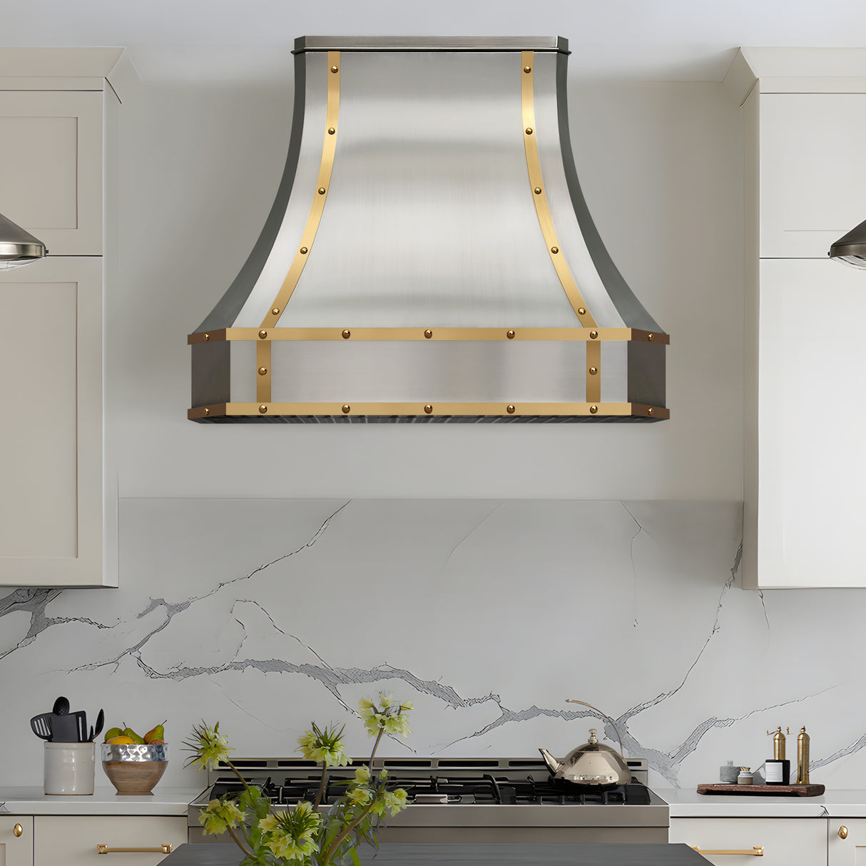 USA Classic Stainless Steel Vent Hood featuring Artisan Brass Straps URHS-199