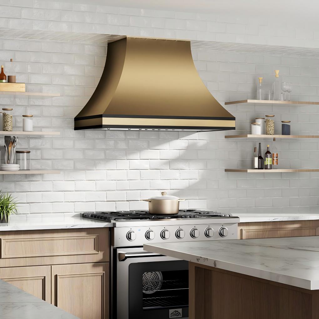 USA Curved Brass Kitchen Vent Hood with Sleek Streamlined Design URHB-09