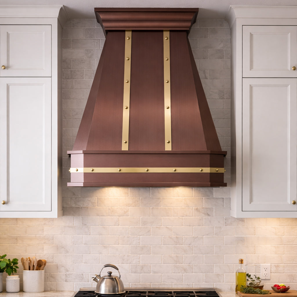 USA Custom Copper Metal Vent Hood with Brass Straps URHC-19
