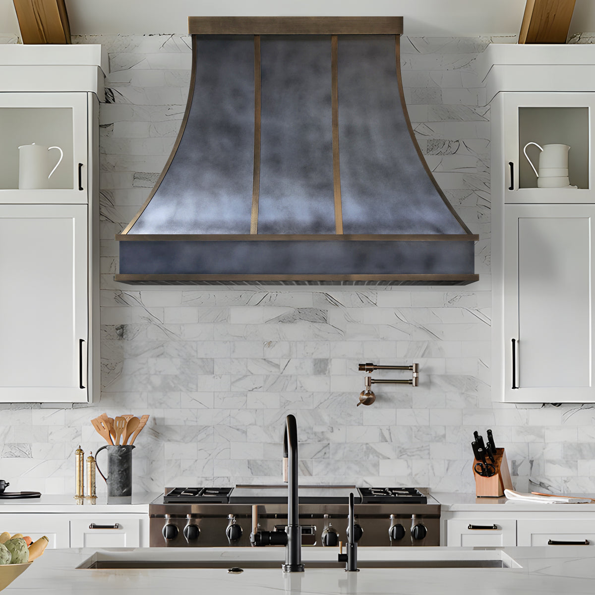 USA Custom Sculptural Zinc Range Hood with Aged Brass Detailing URHZ-1 ...