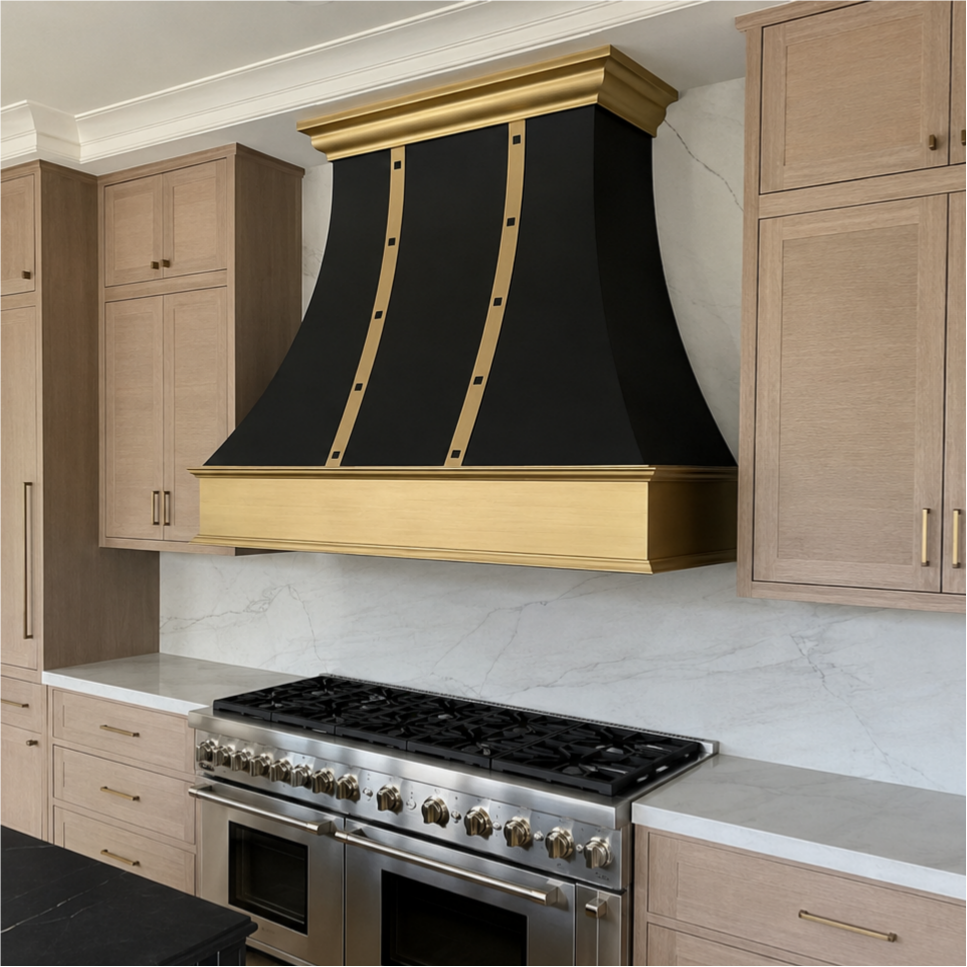 USA Designer Black Handmade Stainless Steel Kitchen Hoods with Brass Apron URHS-246