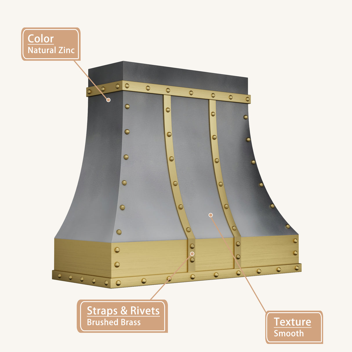USA Designer Custom Natural Zinc Vent Hood with Brass Straps URHZ-25