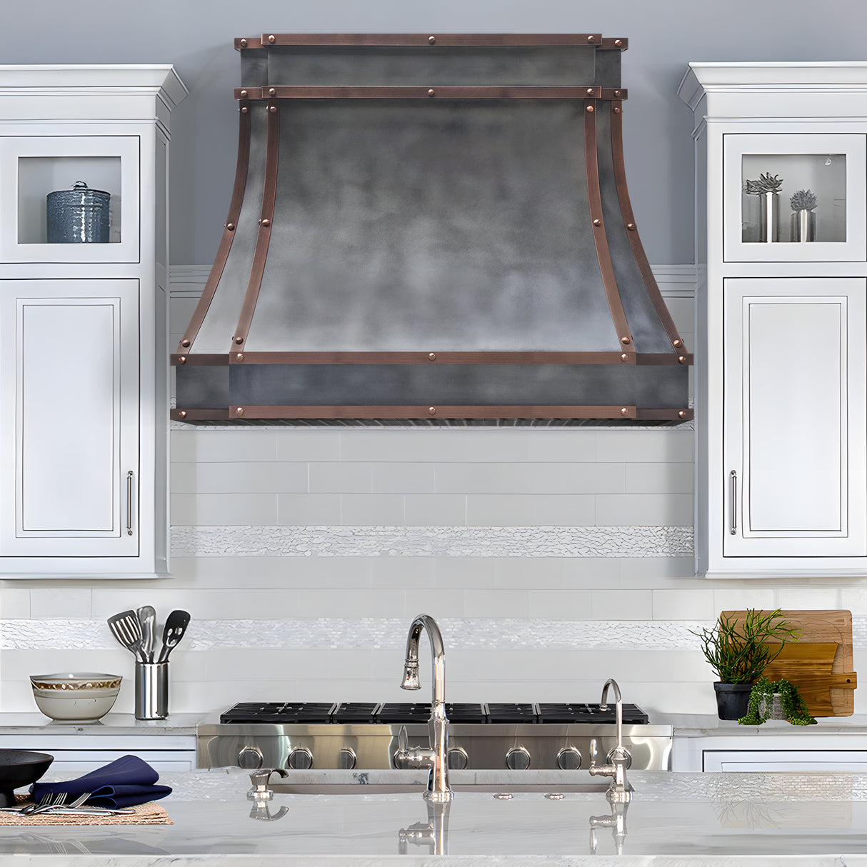 USA Designer Custom Zinc Kitchen Hood with Decorative Straps URHZ-13