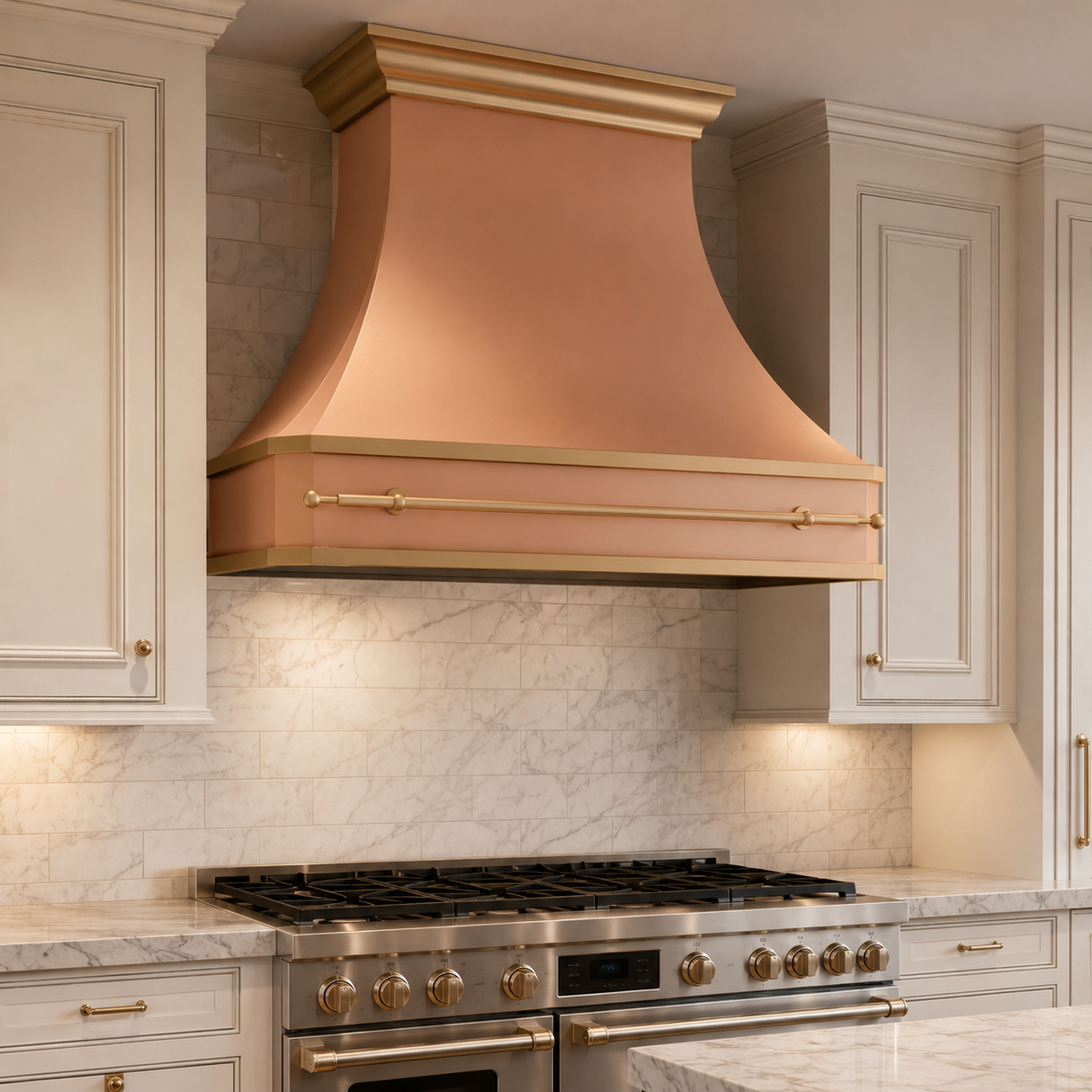USA Handmade Natural Copper Stove Hood with Brass Pot Rack URHC-108