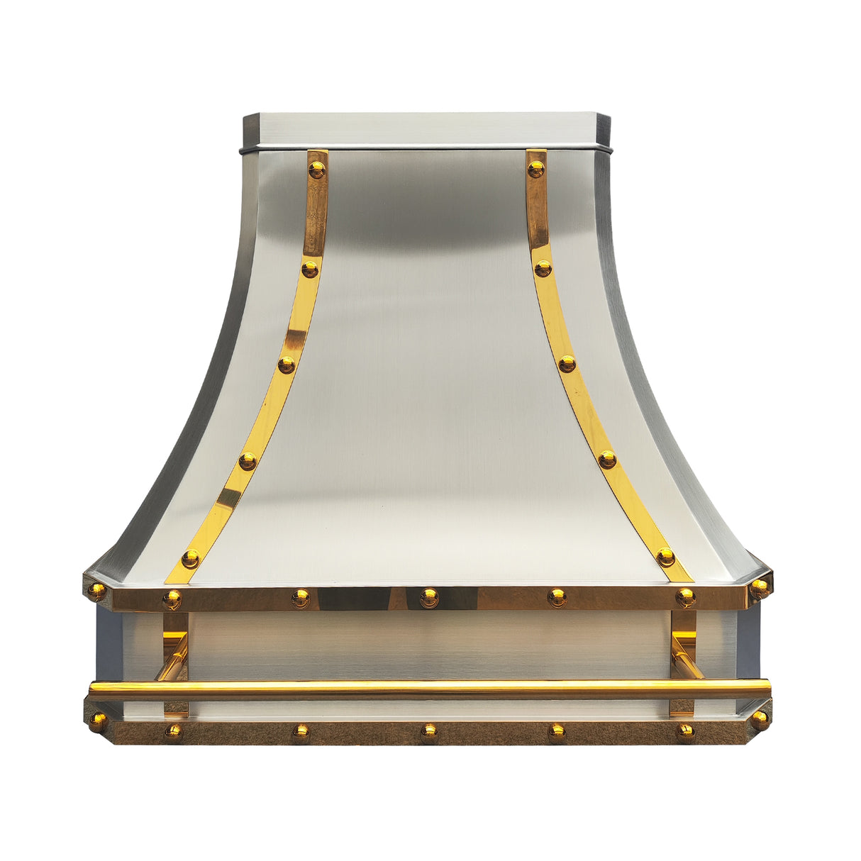 USA Luxury Stainless Steel Vent Hood Featuring Polished Brass Straps URHS-147
