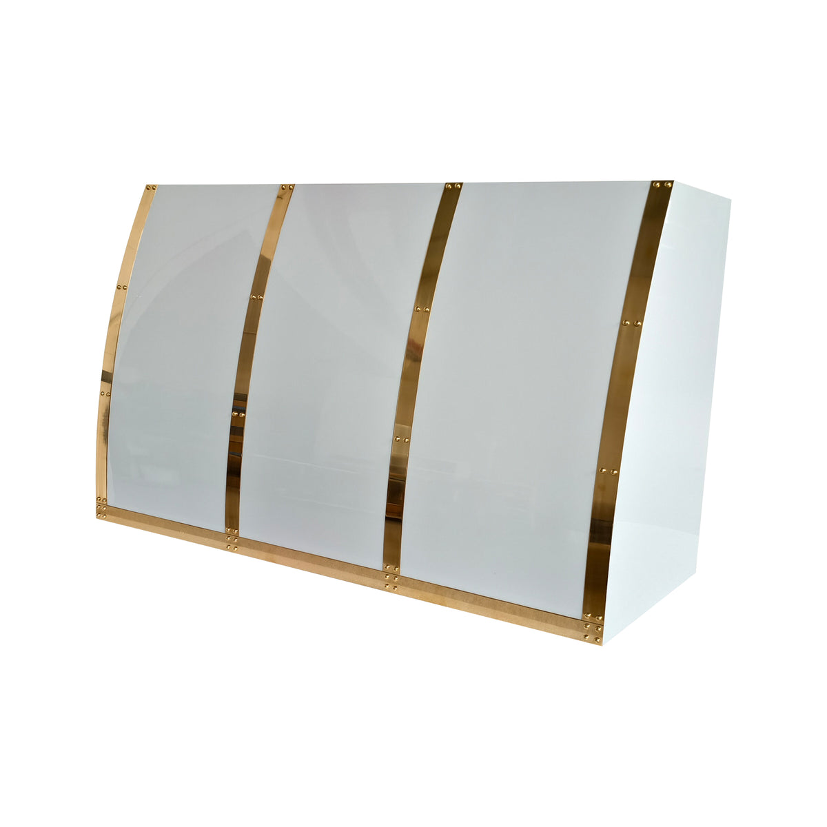 USA Luxury White Stainless Steel Stove Hood Faeaturing Polished Brass Straps URHS-256