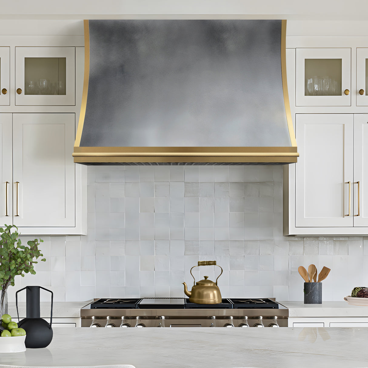USA Minimal Custom Zinc Stove Hood Featuring Brass Pot Rack URHZ-17