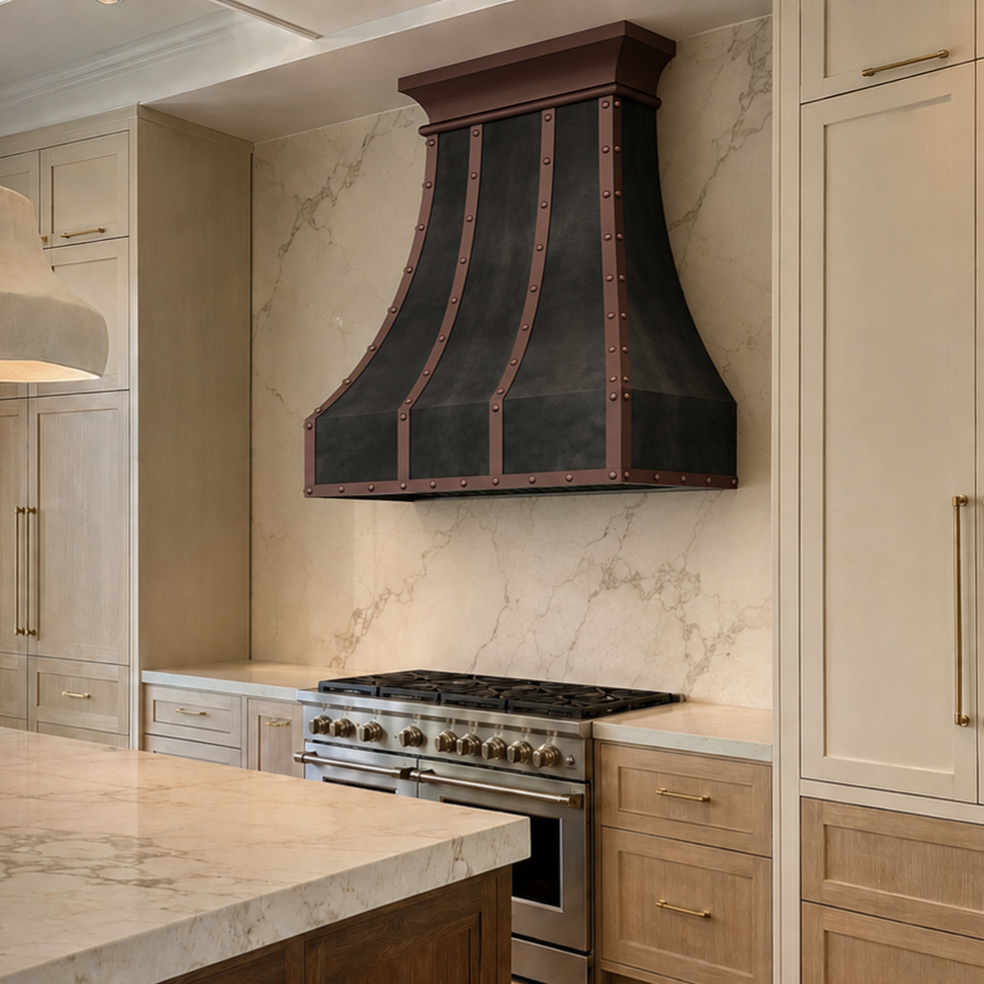 USA Minimal Dark Zinc Range Hood with Antique Copper Straps URHZ-23