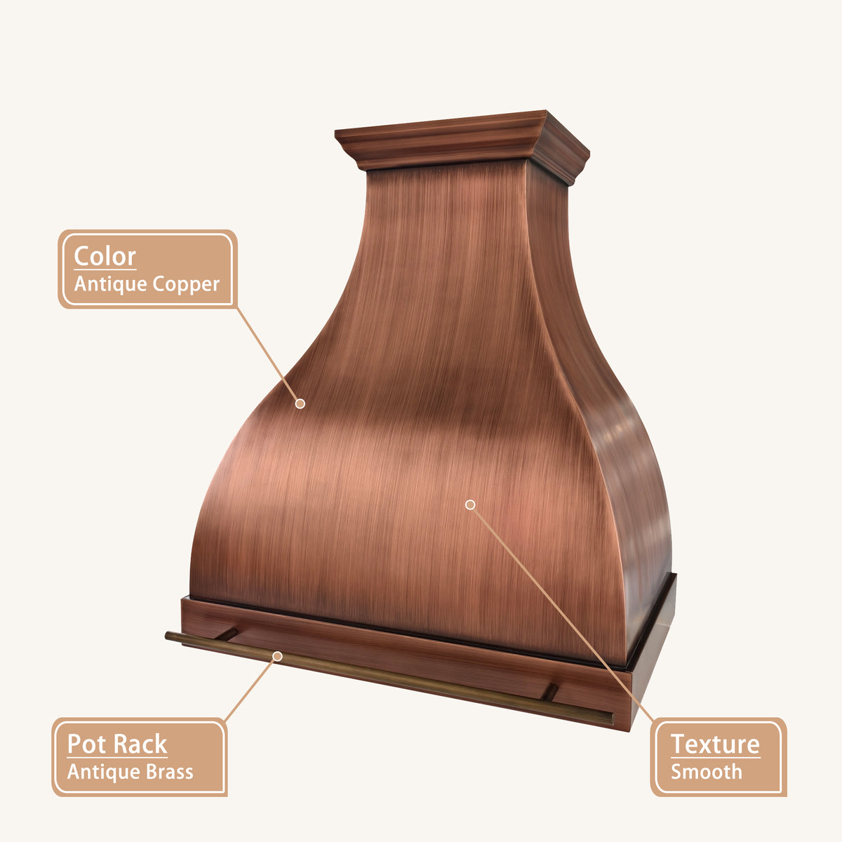 USA Modern Copper Vent Hood with Antique Brass Pot Rack URHC-112