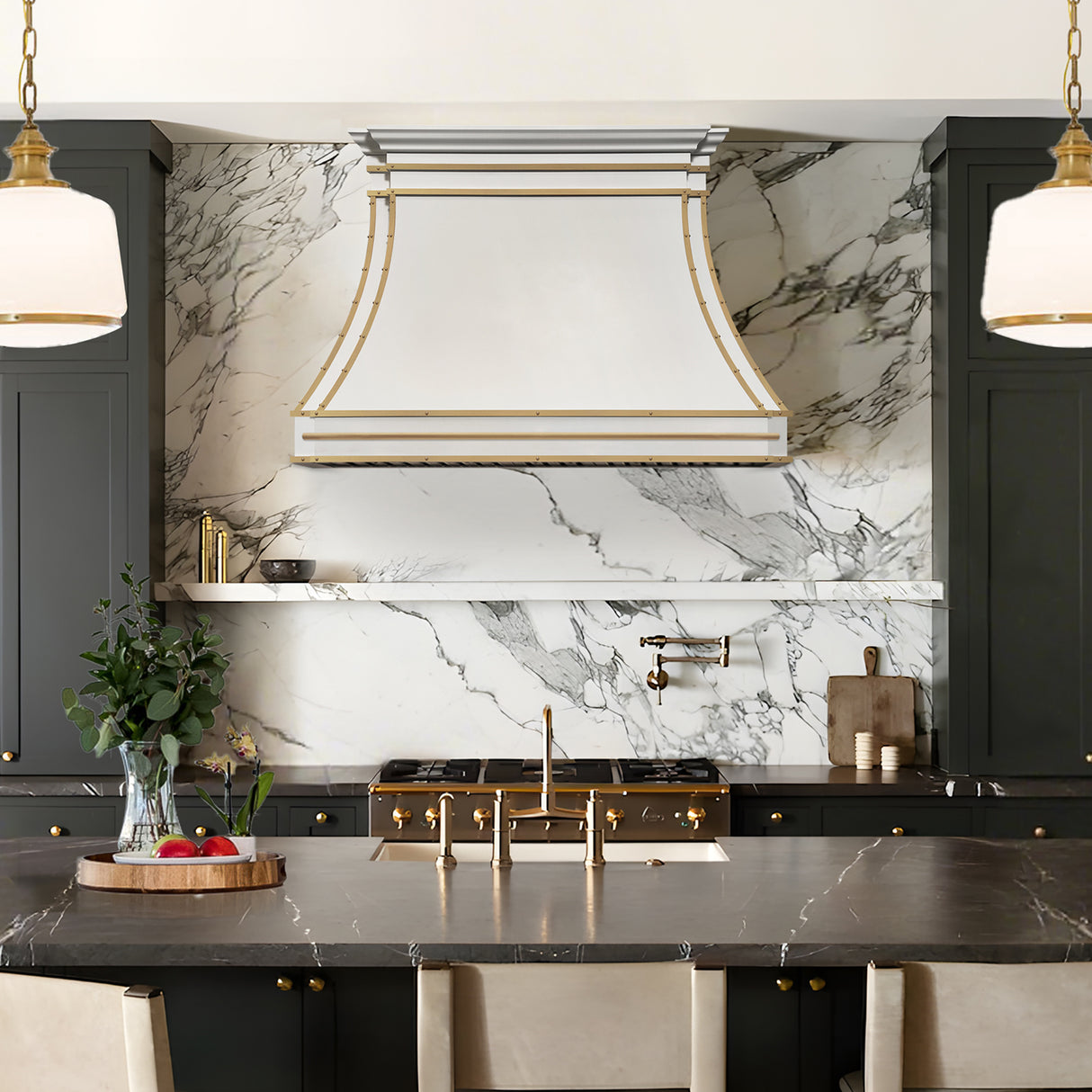 USA Custom White Range Hood with Artistic Curved Design URHS-29