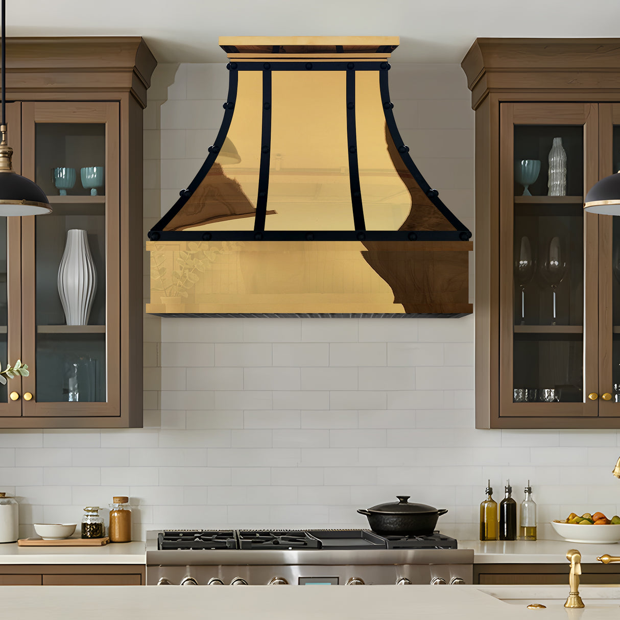 USA Polished Brass Vent Hood with Black Stainless Steel Straps URHB-106