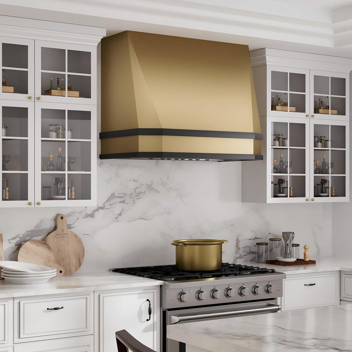 USA Tapered Brass Kitchen Hood with Dark Strap Detailing URHB-10