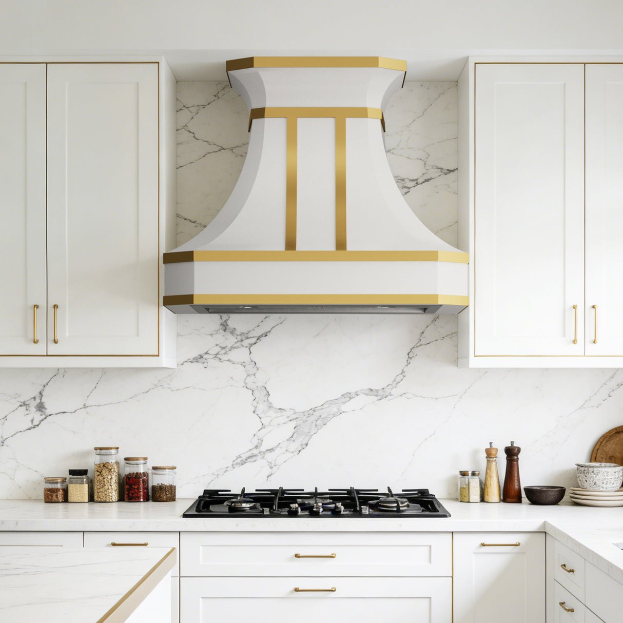USA White Stainless Steel Stove Hood Featuring Artisan Brass Straps URHS-179