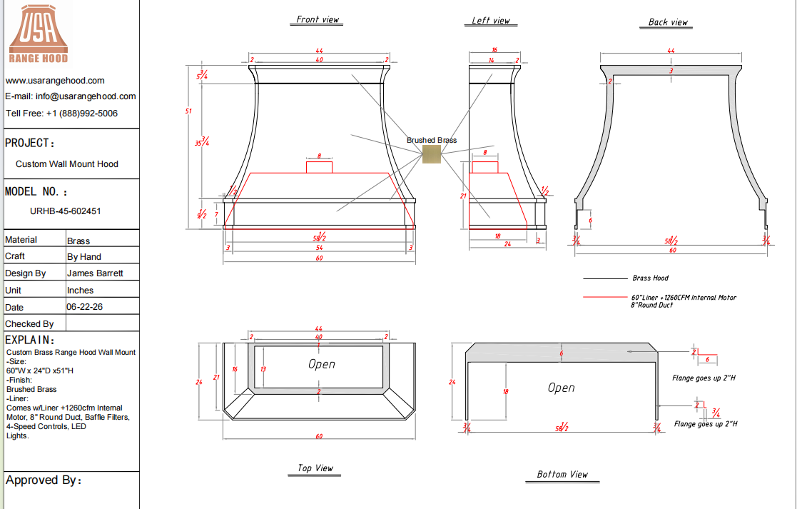 USA Custom Kitchen Hood URHB-45-Custom Link for Heidi