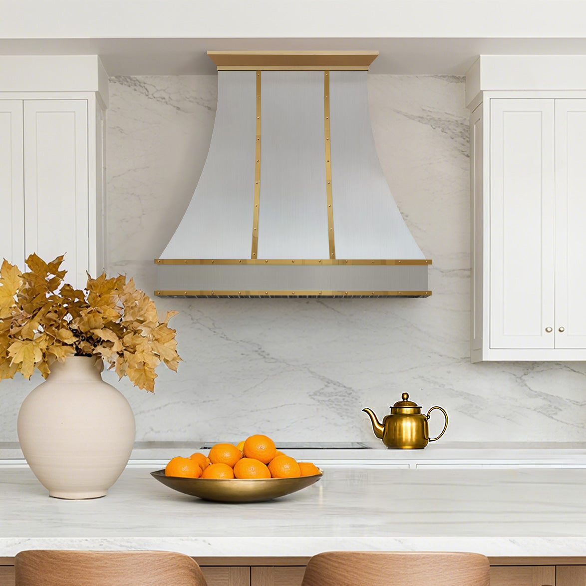 USA Custom Curved Stainless Steel Range Hood with Brass detailing URHS-46