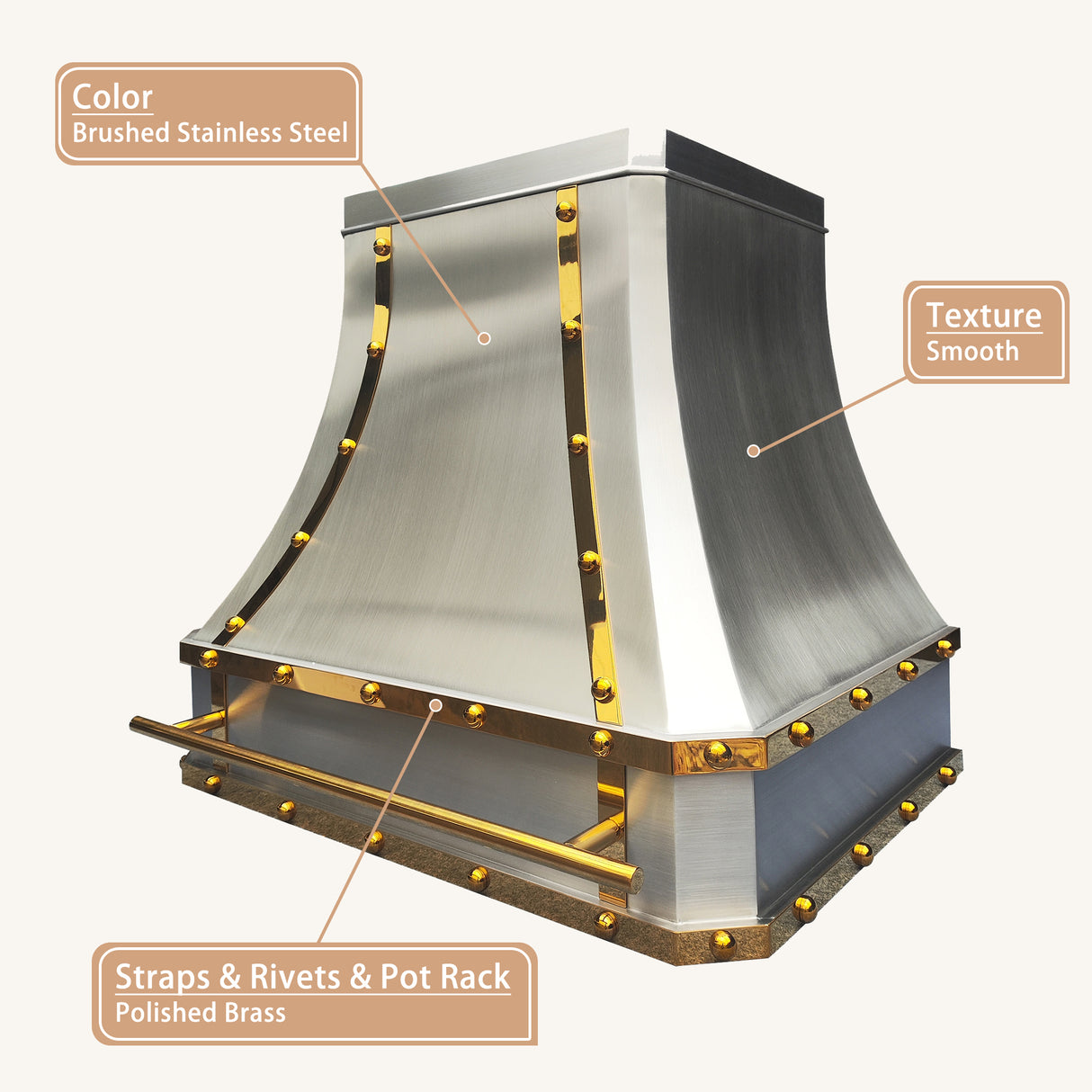 USA Luxury Stainless Steel Vent Hood Featuring Polished Brass Straps URHS-147