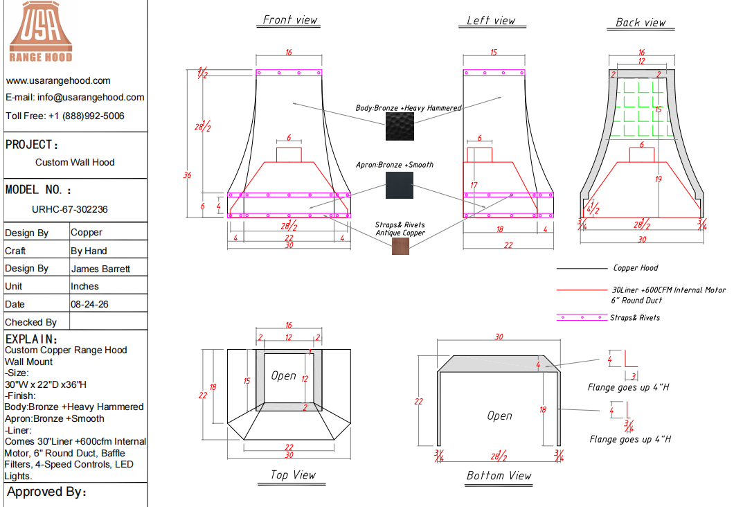USA Range Hood-URHC-67-Custom Link for Julie