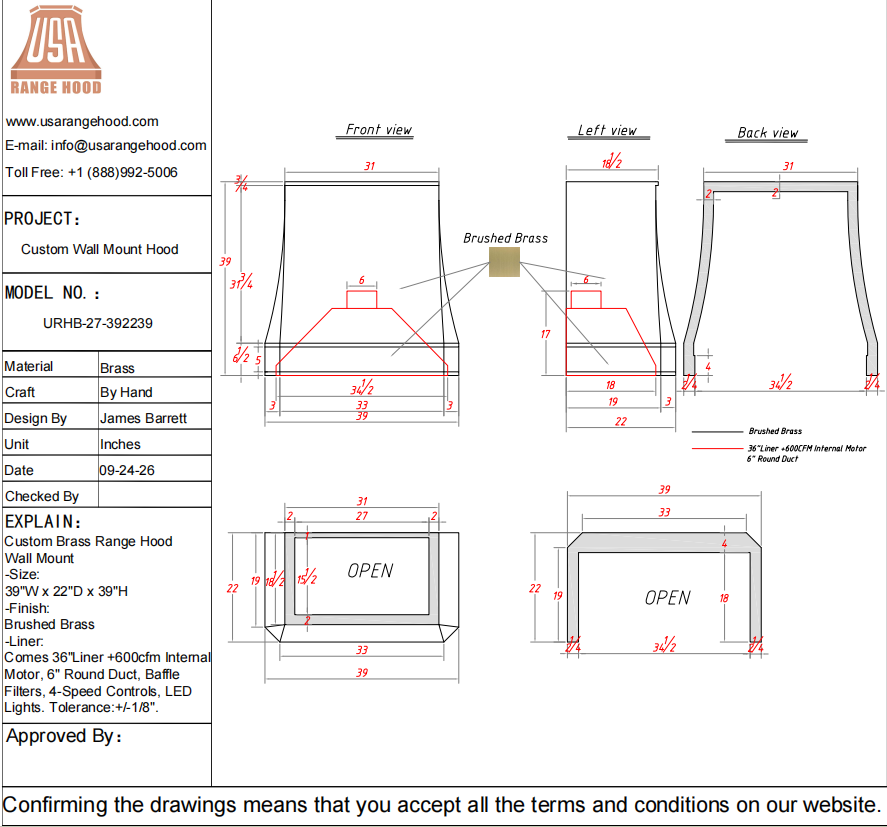 USA Custom Range Hood-URHB-27-Custom Link for Tara
