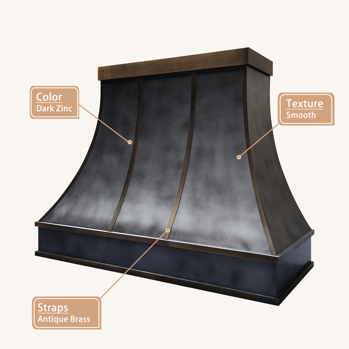 USA Custom Sculptural Zinc Range Hood with Aged Brass Detailing URHZ-11