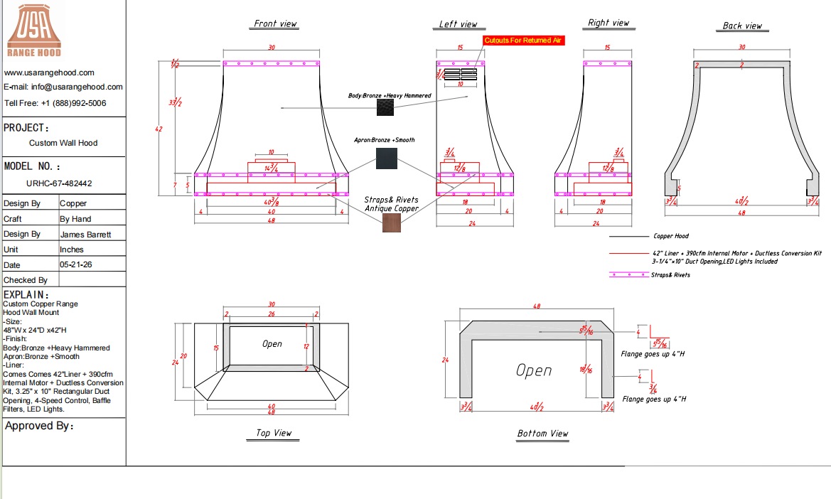 USA Custom Range Hood-URHC-67-Custom Link for Denise