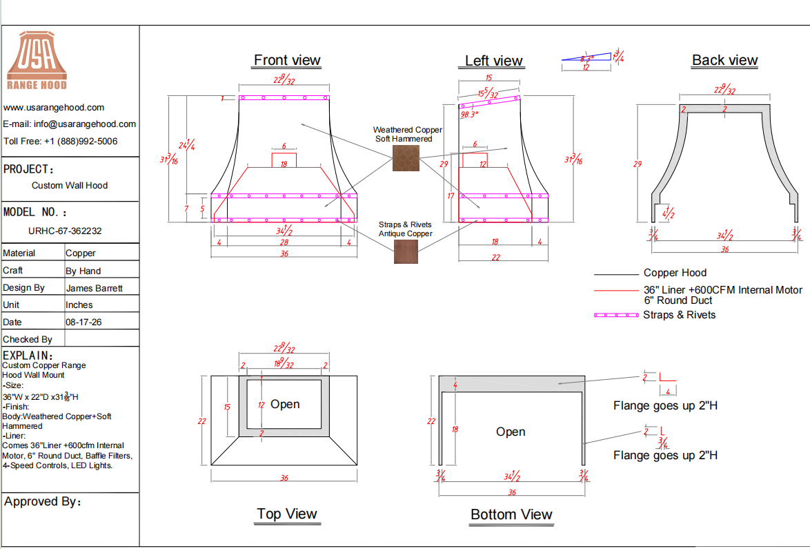 USA Custom Range Hood-URHC-67-Custom Link for Christopher