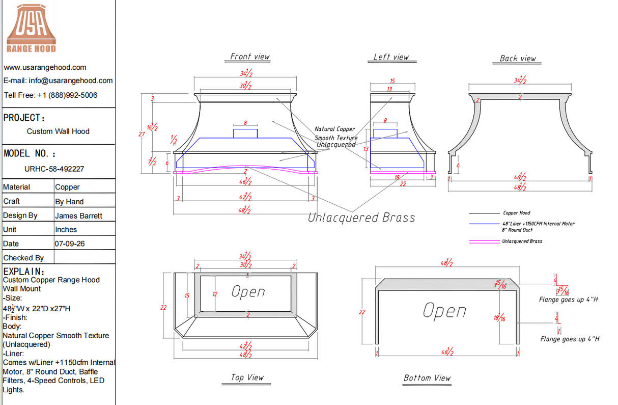 USA Custom Range Hood-URHC-58-Custom Link for Kelsey