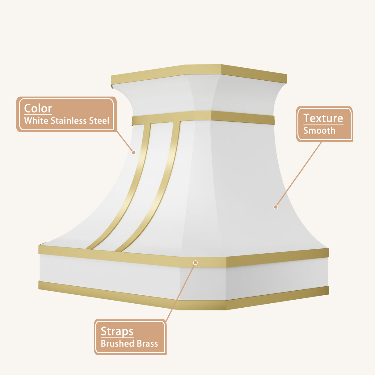 USA White Stainless Steel Stove Hood Featuring Artisan Brass Straps URHS-179