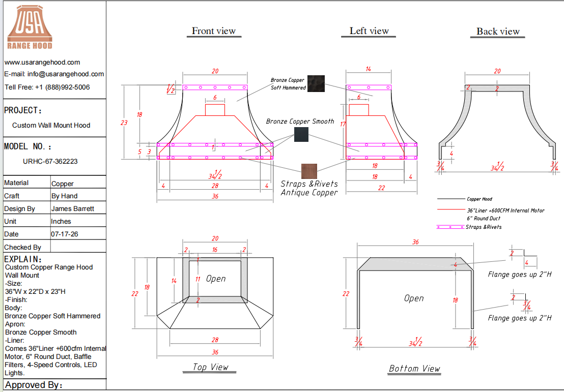 USA Custom Kitchen Hood-URHC-67-Custom Link for Alan