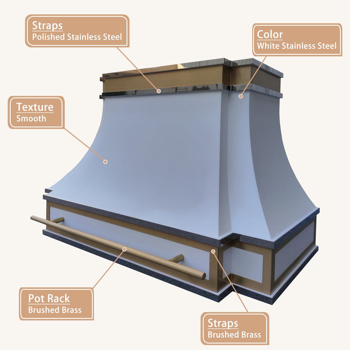 USA Designer Stainless Steel White Range Hood with Brass Details URHS-56