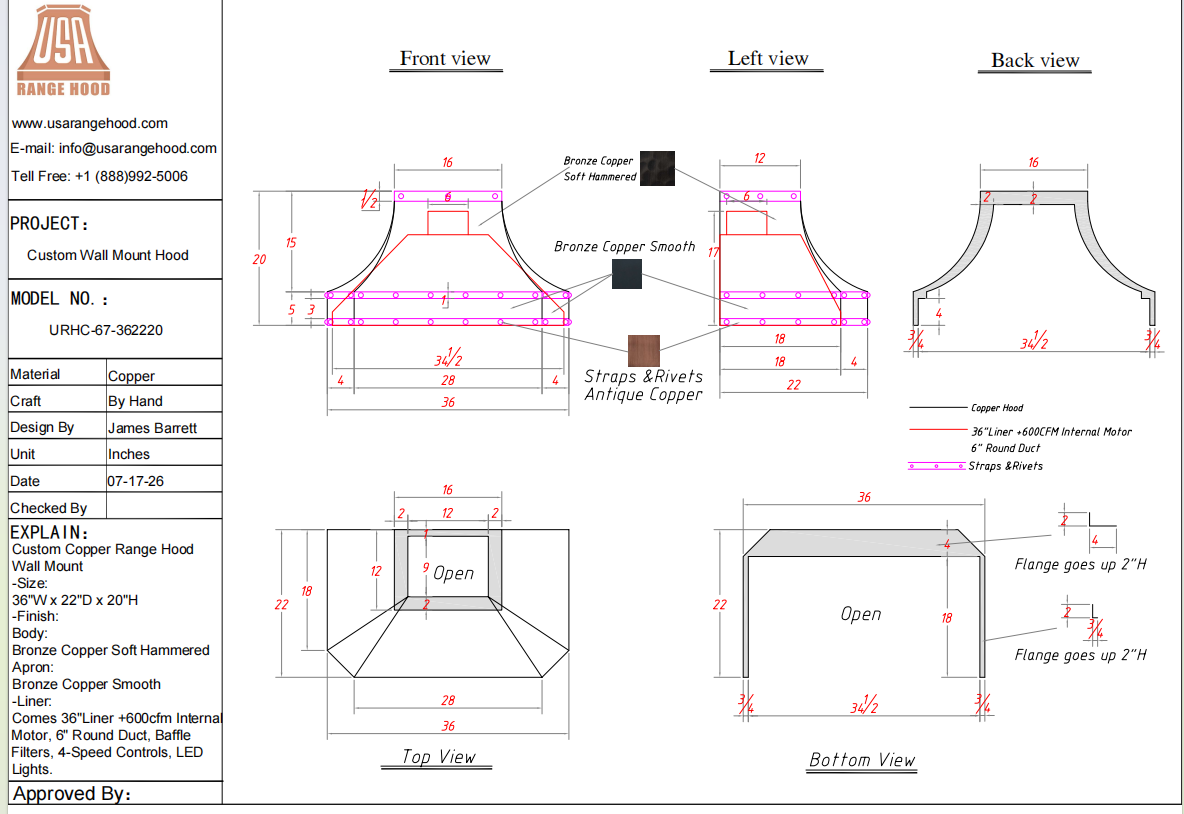 USA Custom Kitchen Hood-URHC-67-Custom Link for Alan