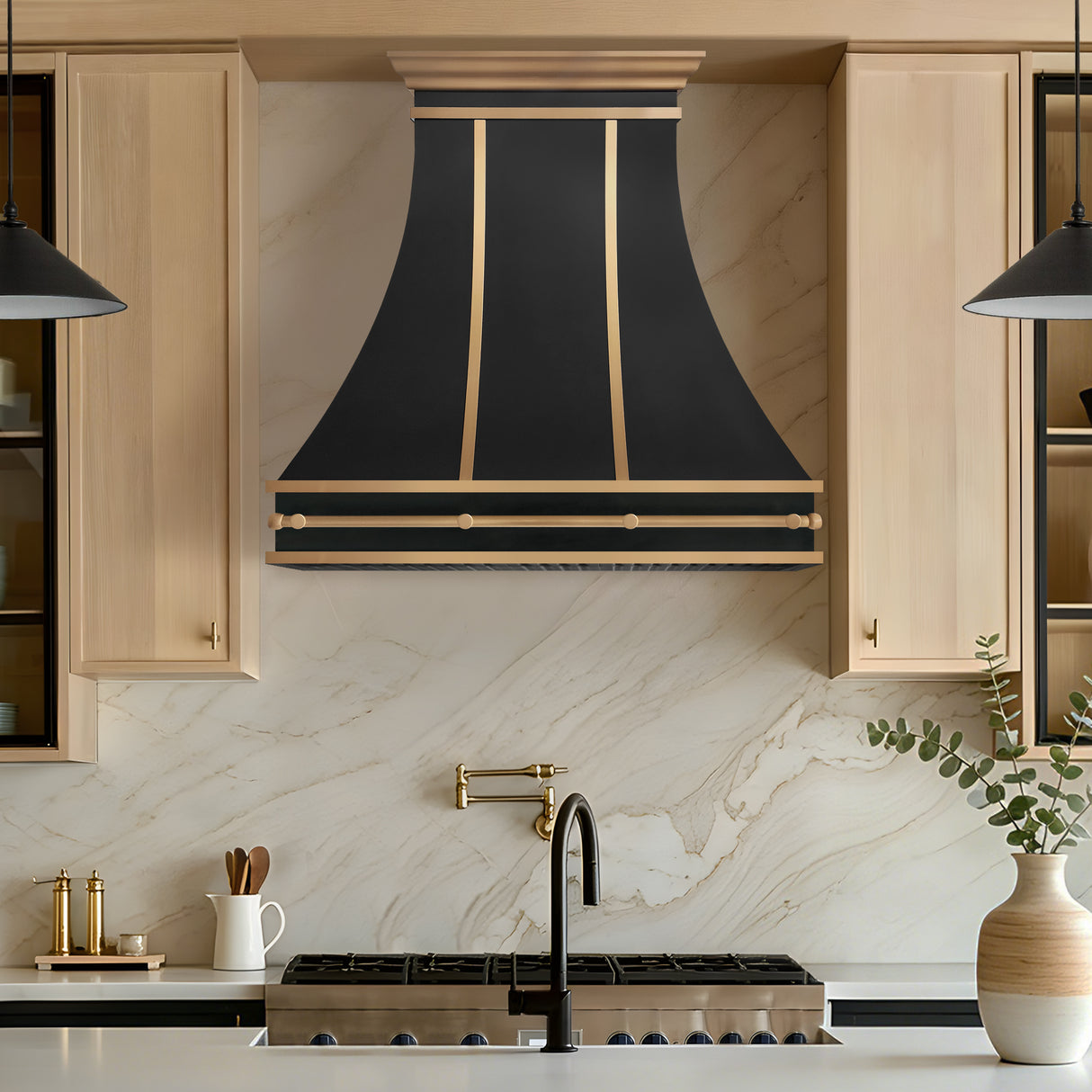 USA Classic Black Stainless Steel Vent Hood with Artisan Brass Straps URHS-232