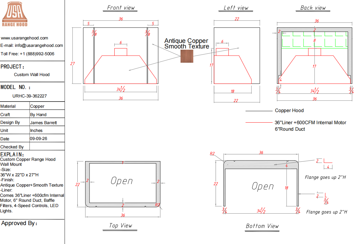USA Custom Range Hood-URHC-39-Custom Link for Rachel