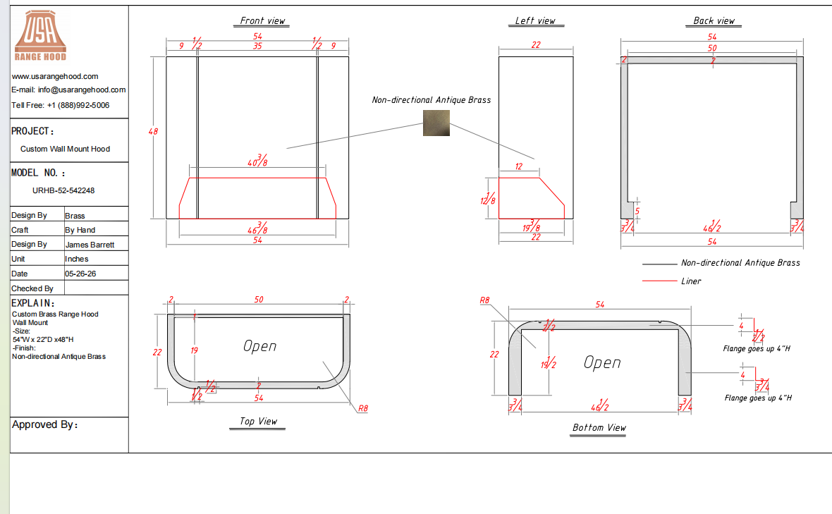 USA Custom Range Hood-URHB-52-Custom Link for Susan Schwartzman