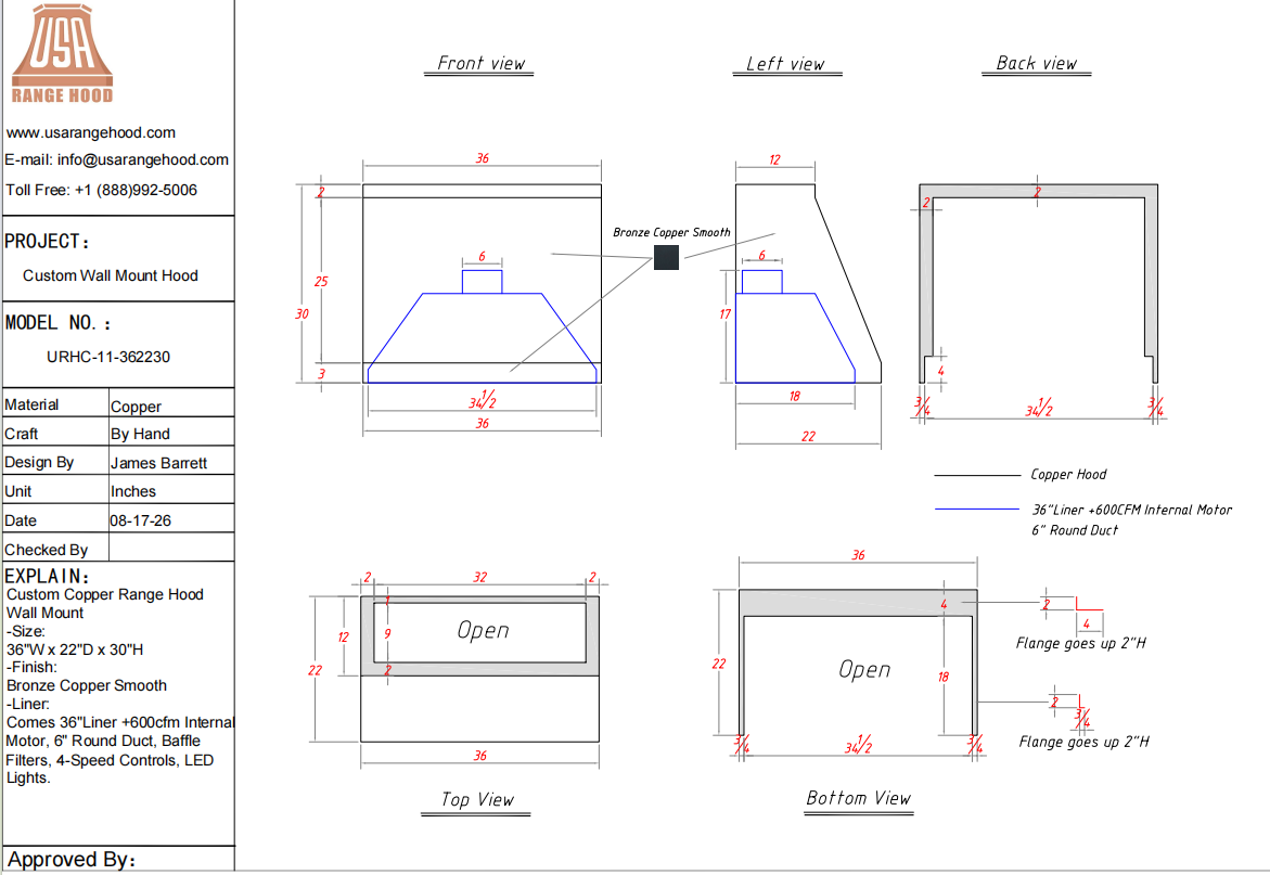 USA Range Hood-Custom Hood-Custom Link for Doris