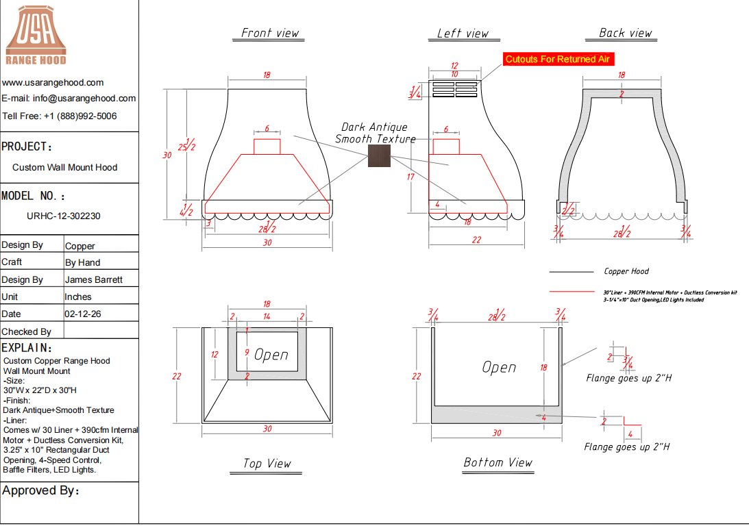 USA Custom Range Hood-URHC-52 Custom Link for Tena Mizell