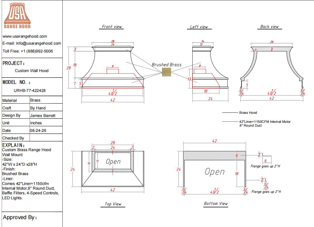 USA Custom Range Hood-URHB-77-Custom Link for Nora
