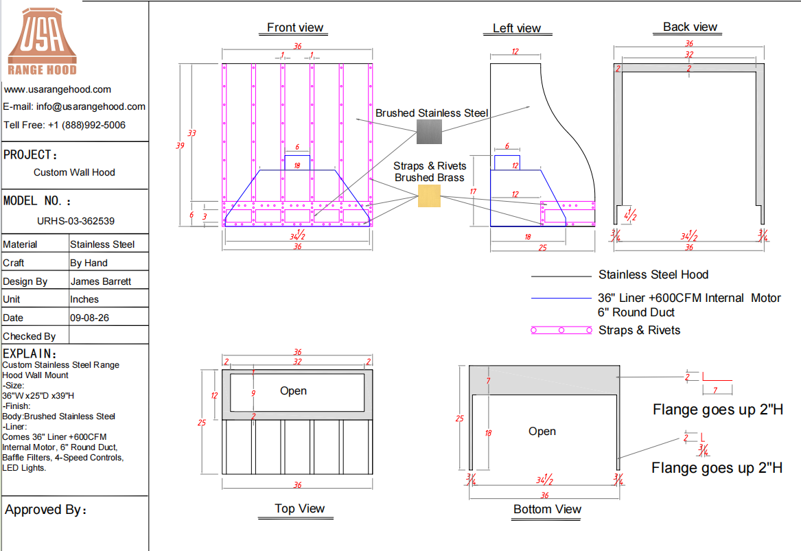 USA Custom Range Hood-URHS-03-Custom Link for Janeen savini