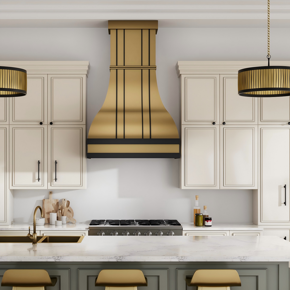USA Long Brass Stove Hood with Bell Shape Design URHB-14