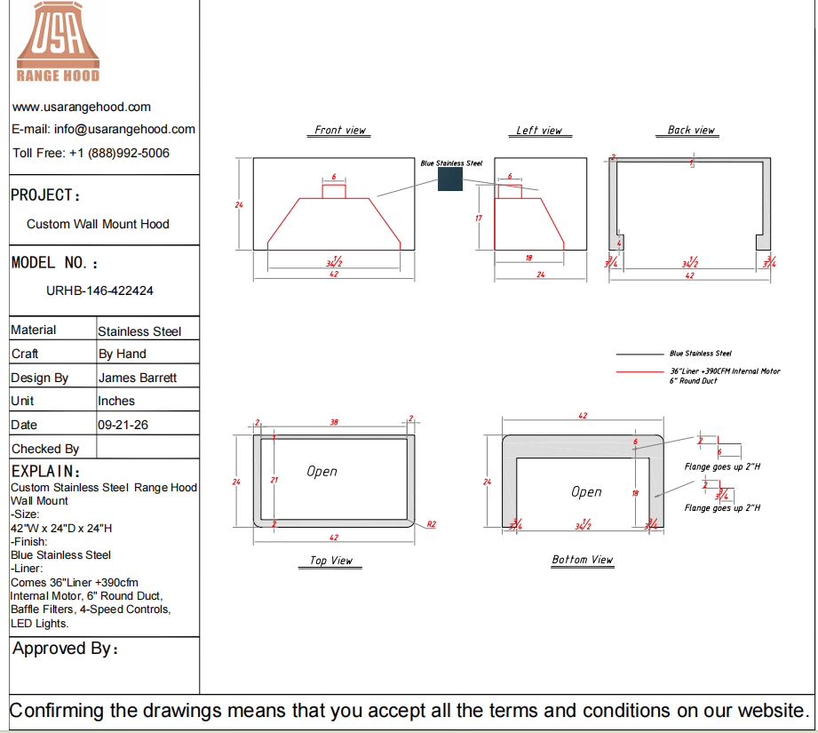 USA Custom Range Hood-URHB-146-Custom Link for Ethan