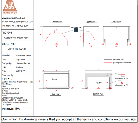 USA Custom Range Hood-URHB-146-Custom Link for Ethan