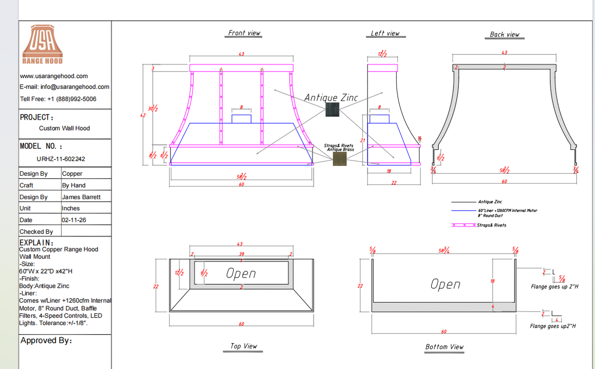 USA Custom Range Hood-URHZ-11 Custom Link for Josh Ross